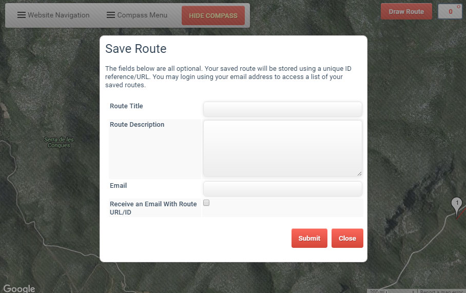 The 'Save Route' dialogue window