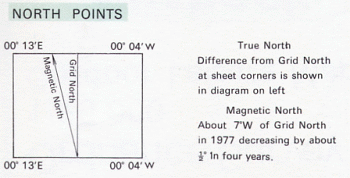 Ordnance Survey map showing Grid North, Magnetic North and True North variations for Purbeck UK, 1977