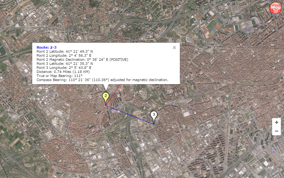 Start or intermediary route point marker with latitude and longitude position as well as the map bearing, distance to the next marker and the compass bearing adjusted for magnetic declination